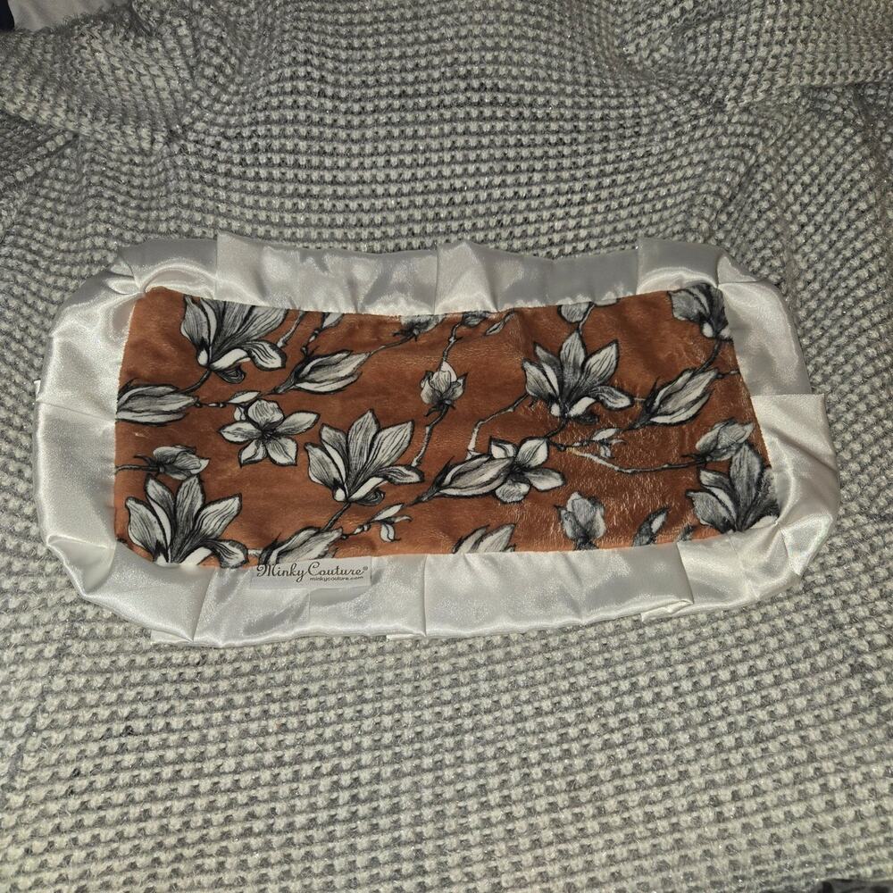 Minky Couture Floral Brown Soft Security Blanket Lovey Satin Ruffle 20"x11"